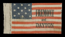 RARE, DIMINUTIVE, CAMPAIGN PARADE FLAG WITH 13 STARS, MADE IN 1856 FOR JOHN FREMONT & WILLIAM DAYTON, ONE-OF-A-KIND AMONG KNOWN EXAMPLES.  FREMONT OPENED THE GATEWAY TO CALIFORNIA STATEHOOD AND WAS THE REPUBLICAN PARTY'S FIRST PRESIDENTIAL CANDIDATE