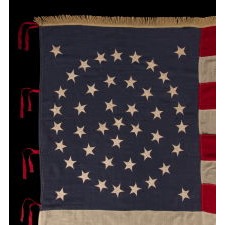 RARE AND EXCEPTIONAL 44 STAR UNITED STATES INFANTRY BATTLE FLAG WITH A MEDALLION CONFIGURATION, GOLD FRINGE, AND RED WOOL TIES, LATE INDIAN WARS, WYOMING STATEHOOD, 1890-1896