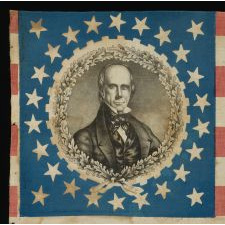 RARE HENRY CLAY CAMPAIGN PARADE FLAG WITH PORTRAIT IN OAK LEAF & GEAR COG MEDALLION, 26 STARS, 1844