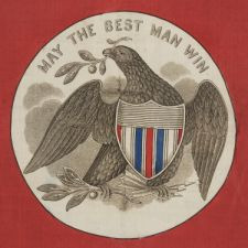 RARE NON-PARTISAN POLITICAL KERCHIEF, MADE FOR A CAMPAIGN RALLY IN THE PERIOD BETWEEN 1852 AND 1860, WITH A DYNAMIC EAGLE THAT BECKONS FOR CONTINUED PEACE AND 13 SIX-POINTED STARS