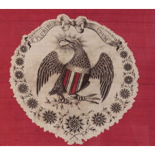 RARE, SILK, PATRIOTIC KERCHIEF WITH A DYNAMIC EAGLE AND 13 MARINER'S COMPASS-TYPE STARS, MADE CA 1840, ONE OF ONLY TWO KNOWN EXAMPLES IN THIS UNDOCUMENTED STYLE