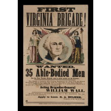 RARE & SPECTACULAR CIVIL WAR BROADSIDE WITH AN 8-COLOR IMAGE OF WASHINGTON, FLANKED BY LADY LIBERTY AND LADY JUSTICE, ADVERTISING THE MUSTER OF NEW YORK MEN FOR A UNION ARMY REGIMENT THAT WOULD FIGHT IN VIRGINIA, CERTAINLY ONE OF THE MOST INTERESTING AND GRAPHIC EXAMPLES IN EXISTENCE, 1861-62