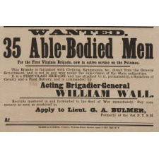 RARE & SPECTACULAR CIVIL WAR BROADSIDE WITH AN 8-COLOR IMAGE OF WASHINGTON, FLANKED BY LADY LIBERTY AND LADY JUSTICE, ADVERTISING THE MUSTER OF NEW YORK MEN FOR A UNION ARMY REGIMENT THAT WOULD FIGHT IN VIRGINIA, CERTAINLY ONE OF THE MOST INTERESTING AND GRAPHIC EXAMPLES IN EXISTENCE, 1861-62