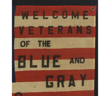 RARE AND STRIKING 48 STAR FLAG WITH BOLD OVERPRINTED TEXT ADVERTISING THE 75TH ANNIVERSARY OF THE BATTLE OF GETTYSBURG IN 1938