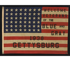 RARE AND STRIKING 48 STAR FLAG WITH BOLD OVERPRINTED TEXT ADVERTISING THE 75TH ANNIVERSARY OF THE BATTLE OF GETTYSBURG IN 1938