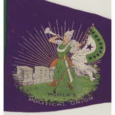 RARE SUFFRAGETTE PENNANT WITH ICONIC BUGLER GIRL OR "CLARION" IMAGE, MADE FOR HARRIOT STANTON EATON BLANCH'S WOMENS POLITICAL UNION, 1910-1915