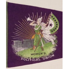 RARE SUFFRAGETTE PENNANT WITH ICONIC BUGLER GIRL OR "CLARION" IMAGE, MADE FOR HARRIOT STANTON EATON BLANCH'S WOMENS POLITICAL UNION IN NYC, 1910-1915