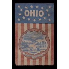 RARE AND UNUSUAL PARADE FLAG BANNER WITH 17 STARS ON A BLUE GROUND AND THE 1866 VERSION OF THE OHIO STATE SEAL ON A GROUND OF 13 RED AND WHITE STRIPES, MADE CA 1890 -1905