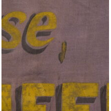 RARE VIOLET & YELLOW SUFFRAGETTE PARADE BANNER WITH PAINTED TEXT THAT READS: “ONE MILLION ORGANIZED CLUB WOMEN ENDORSE, WOMANS SUFFRAGE.” MADE circa 1910-1920, THIS IS THE PLATE EXAMPLE FROM THE BEST PICTORIAL REFERENCE ON SUFFRAGE COLLECTING