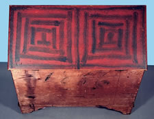 RED AND BLACK, MAINE BLANKET CHEST WITH BRUSH-WORK PAINT DECORATION IN WHIMSICAL LINEAR PATTERNS, DATED 1856