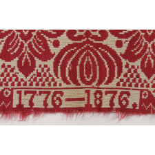 RED & WHITE COVERLET, MADE FOR THE 1876 CENTENNIAL EXPOSITION IN PHILADELPHIA, FEATURING MEMORIAL HALL ART MUSEUM