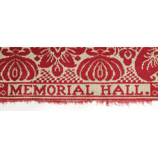 RED & WHITE COVERLET, MADE FOR THE 1876 CENTENNIAL EXPOSITION IN PHILADELPHIA, FEATURING MEMORIAL HALL ART MUSEUM