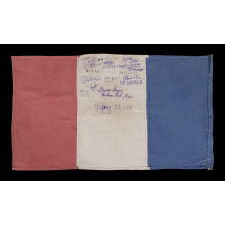 REMARKABLE FRENCH FLAG WITH AMERICAN SALUTATIONS, WAVED AND SIGNED BY MEMBERS OF THE HENRY FAMILY IN THANKFUL CELEBRATION OF THEIR LIBERATION FROM THE NAZIS DURING WWII, 1944-45