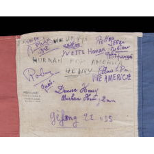 REMARKABLE FRENCH FLAG WITH AMERICAN SALUTATIONS, WAVED AND SIGNED BY MEMBERS OF THE HENRY FAMILY IN THANKFUL CELEBRATION OF THEIR LIBERATION FROM THE NAZIS DURING WWII, 1944-45