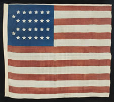 REMELY RARE 26 STAR PARADE FLAG, THE EARLIEST KNOWN STAR COUNT FOR PRINTED FLAGS, 1837-1846, MICHIGAN STATEHOOD, THE NAME "F.V. GREENE" EMBROIDERED IN RED SILK