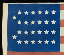 REMELY RARE 26 STAR PARADE FLAG, THE EARLIEST KNOWN STAR COUNT FOR PRINTED FLAGS, 1837-1846, MICHIGAN STATEHOOD, THE NAME "F.V. GREENE" EMBROIDERED IN RED SILK