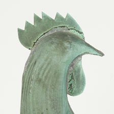 ROOSTER WEATHERVANE WITH EXCELLENT VERDIGRIS SURFACE AND A PERIOD, CAST IRON STAND IN EARLY PAINT