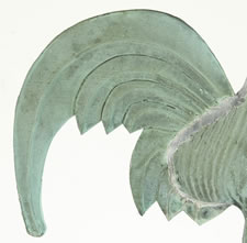 ROOSTER WEATHERVANE WITH EXCELLENT VERDIGRIS SURFACE AND A PERIOD, CAST IRON STAND IN EARLY PAINT