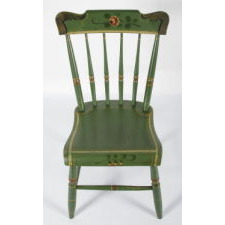 SET OF 6, GREEN, PLANK-SEATED, SPINDLE-BACK, PAINT-DECORATED, PENNSYLVANIA CHAIRS, CA 1845-70