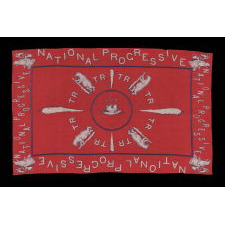 SILK CAMPAIGN KERCHIEF IN AN UNUSUAL, HORIZONTAL FORMAT, MADE TO PROMOTE THE 1912 PRESIDENTIAL RUN OF TEDDY ROOSEVELT, WHEN HE RAN ON THE NATIONAL PROGRESSIVE PARTY “BULL MOOSE” TICKET