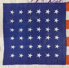 SILK KERCHIEF WITH 36 STARS, MADE FOR THE 1888 PRESIDENTIAL CAMPAIGN OF WILLIAM HENRY HARRISON AND LEVI MORTON