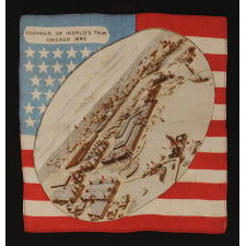 SILK KERCHIEF WITH A BIRD'S EYE VIEW OF THE WORLD COLUMBIAN EXPOSITION (CHICAGO WORLD'S FAIR), SET AGAINST AN AMERICAN FLAG BACKDROP, 1892-1893