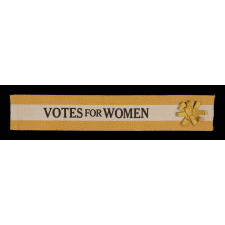 SILK SUFFRAGETTE SASH RIBBON IN YELLOW & WHITE WITH "VOTES FOR WOMEN" TEXT AND A SATIN RIBBON ROSETTE, 1910-1915