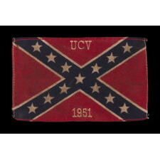 SMALL PARADE FLAG IN A RECTANGULAR, SOUTHERN CROSS FORM OF THE CONFEDERATE “BATTLE FLAG”, MADE FOR THE LAST REUNION OF UNITED CONFEDERATE VETERANS (U.C.V.) IN 1951, AT NORFOLK, VIRGINIA, ACCOMPANIED BY A U.S.P.S. FIRST DAY COVER AND (2) 3-CENT STAMPS, PRODUCED TO COMMEMORATE THE EVENT