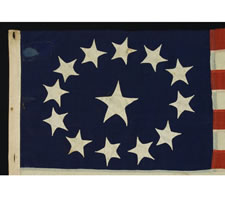 THE SMALLEST, SIGNED, ENTIRELY HANDSEWN 13 STAR FLAG THAT I HAVE EVER COME IN CONTACT WITH, MADE BY LAMPRELL & MARBLE, BOSTON, THE STARS ARRANGED IN AN OVAL VARIANT OF THE 3RD MARYLAND PATTERN, CIVIL WAR PERIOD (1861-65), EXTRAORDINARY AMONG KNOWN EXAMPLE