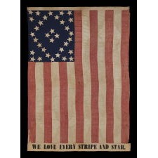 SPECTACULAR 34 STAR FLAG WITH AN EXTREMELY RARE AND BEAUTIFUL DIAMOND CONFIGURATION, AND AN APPLIED BANNER WITH A STENCILED PATRIOTIC SLOGAN, AMONG THE BEST EXAMPLES I HAVE EVER OWNED, KANSAS STATEHOOD, OPENING TWO YEARS OF THE CIVIL WAR, 1861-63