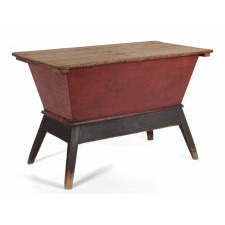 SPLAY-LEG, COUNTRY HEPPLEWHITE DOUGH TABLE, IN SALMON RED AND BLACK PAINT, WITH A DOVETAILED CASE AND GENEROUS PROPORTIONS, CA 1830-1850