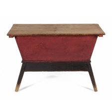 SPLAY-LEG, COUNTRY HEPPLEWHITE DOUGH TABLE, IN SALMON RED AND BLACK PAINT, WITH A DOVETAILED CASE AND GENEROUS PROPORTIONS, CA 1830-1850