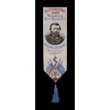 STEVENSGRAPH BOOK MARK / RIBBON GLORIFYING ULYSSES S. GRANT AND HIS VICTORIES AT RICHMOND, VICKSBURG, AND FORT DONELSON, WITH HIS PORTRAIT IN MILITARY GARB, MADE BY THOMAS STEVENS, WHO INVENTED THE PROCESS BY WHICH THESE WERE PRODUCED