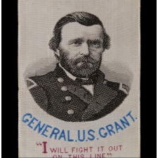 STEVENSGRAPH BOOK MARK / RIBBON GLORIFYING ULYSSES S. GRANT AND HIS VICTORIES AT RICHMOND, VICKSBURG, AND FORT DONELSON, WITH HIS PORTRAIT IN MILITARY GARB, MADE BY THOMAS STEVENS, WHO INVENTED THE PROCESS BY WHICH THESE WERE PRODUCED