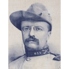 THEODORE ROOSEVELT BANNER WITH AN EXQUISITE PORTRAIT IMAGE IN ROUGH RIDER'S GARB, COPYRIGHTED BY GEORGE ROCKWOOD (INVENTOR OF THE CDV), PRINTED IN BOSTON; PROBABLY MADE FOR THE TRAIN FROM WHICH T.R. MADE 673 STUMP SPEECHES IN 24 STATES IN 1900; THE PLATE EXAMPLE FROM "THREADS OF HISTORY" BY COLLINS