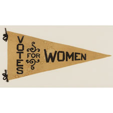 TRIANGULAR FELT SUFFRAGETTE PENNANT WITH AN INTERESTING DESIGN AND TEXT THAT READS:  "VOTES FOR WOMEN", 1910-1920