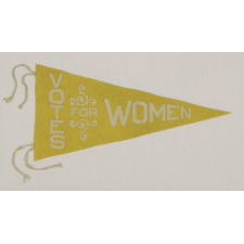 TRIANGULAR FELT SUFFRAGETTE PENNANT WITH AN INTERESTING DESIGN AND TEXT THAT READS: "VOTES FOR WOMEN", AN UNUSUAL COLOR VARIANT OF THIS STYLE, 1910-1920