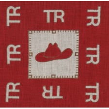 TURKEY RED KERCHIEF, MADE FOR THE 1912 CAMPAIGN OF TEDDY ROOSEVELT, WITH HIS ROUGH RIDERS SLOUCH HAT AS A CENTER MEDALLION AND WHIMSICAL PORTRAITS OF THE EX-ROUGH RIDER WITH HIS ICONIC, TOOTHY GRIN