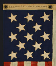 UNITED STATES NAVY SMALL BOAT ENSIGN WITH 13 HAND-SEWN STARS, ONE OF THE SMALLEST THAT I HAVE EVER SEEN IN THIS TINY SIZE, MADE BY THE NAVY IN THE PHILIPPINES IN 1903