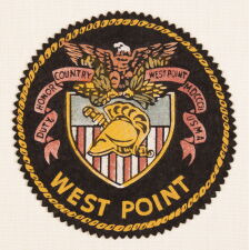 UNUSUAL, ROUND, FELT PATCH OR STEIN COASTER, WITH CRIMPED BORDER AND THE ARMS OF THE UNITED STATES MILITARY ACADEMY AT WEST POINT, circa 1920’s - 1950’s