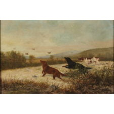 UPLAND BIRD HUNTING SCENE WITH TWO SETTERS AND A POINTER, ENTITLED "TOO FAST" BY N. H. TROTTER (1827-1898), PHILADELPHIA, OIL ON CANVAS, SIGNED AND DATED 1888