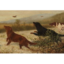 UPLAND BIRD HUNTING SCENE WITH TWO SETTERS AND A POINTER, ENTITLED "TOO FAST" BY N. H. TROTTER (1827-1898), PHILADELPHIA, OIL ON CANVAS, SIGNED AND DATED 1888