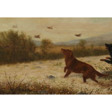 UPLAND BIRD HUNTING SCENE WITH TWO SETTERS AND A POINTER, ENTITLED "TOO FAST" BY N. H. TROTTER (1827-1898), PHILADELPHIA, OIL ON CANVAS, SIGNED AND DATED 1888