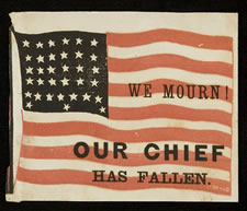 VERY RARE ABRAHAM LINCOLN MOURNING FLAG, PRINTED ON PAPER, 1865, MADE BY LYBRAND