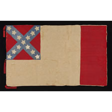 VERY RARE CIVIL WAR-PERIOD CONFEDERATE FLAG IN THE THIRD NATIONAL FORMAT, A STYLE ADOPTED JUST 36 DAYS BEFORE THE WAR'S END, MADE OF SILK AND SATIN, WITH BEAUTIFUL COLORATION RED SILK TIES