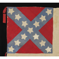 VERY RARE CIVIL WAR-PERIOD CONFEDERATE FLAG IN THE THIRD NATIONAL FORMAT, A STYLE ADOPTED JUST 36 DAYS BEFORE THE WAR'S END, MADE OF SILK AND SATIN, WITH BEAUTIFUL COLORATION RED SILK TIES