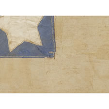 VERY RARE CIVIL WAR-PERIOD CONFEDERATE FLAG IN THE THIRD NATIONAL FORMAT, A STYLE ADOPTED JUST 36 DAYS BEFORE THE WAR'S END, MADE OF SILK AND SATIN, WITH BEAUTIFUL COLORATION RED SILK TIES