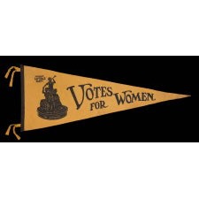 "VOTES FOR WOMEN" PENNANT WITH AN IMAGE OF A 1911 STATUETTE CALLED "SUFFRAGIST" BY ELLA BUCHANAN, MADE FOR CARRIE CHAPMAN CATT'S "WOMAN SUFFRAGE PARTY" OF NEW YORK CITY, CA 1912-20