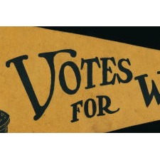 "VOTES FOR WOMEN" PENNANT WITH AN IMAGE OF A 1911 STATUETTE CALLED "SUFFRAGIST" BY ELLA BUCHANAN, MADE FOR CARRIE CHAPMAN CATT'S "WOMAN SUFFRAGE PARTY" OF NEW YORK CITY, CA 1912-20