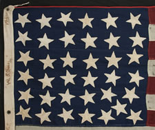 A WHIMSICAL ARRANGEMENT OF 37 STARS, POINTING IN VARIOUS DIRECTIONS, ON A FLAG WITH SMALLER THAN USUAL DIMENSIONS FOR THE PERIOD, 1867-1876, NEBRASKA STATEHOOD